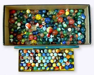 Vintage Marbles Including Akro Agate Tin Some Glow 