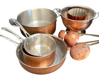 Copper Pots, Pans, Strainer, Utensils