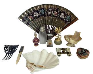 Vintage Vanity Decor Opera Glasses, Perfume Bottles, Fan,  More