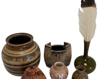 Handmade Pottery Vases, Owl Figurine, Carved Cat Trinket Box