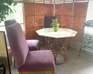 mcm chairs (4)  marbletop octagonal rattan table