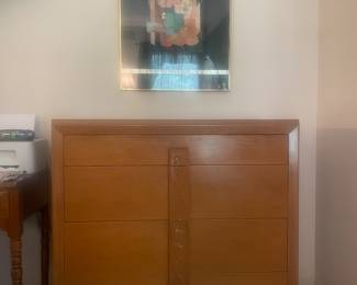 unsigned blonde mcm kingsize bedroom set with pair high chests