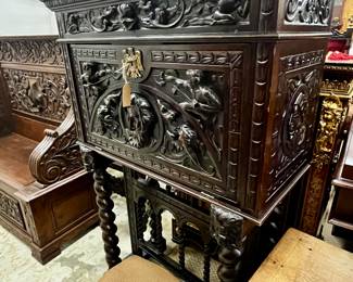 My favorite piece! This cabinet opens in front as a secretary desk but can be used as the coolest bar! It's not real big so can fit in so many places.