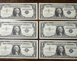Six Very High-grade Crisp 1957 Blue Seal US Silver Certificates