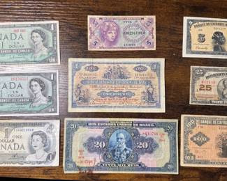 18 World Currency Bills, Dominion Of Canada Military Payment, Trinidad And Tobago Certificate