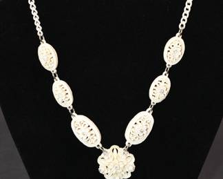 vintage floral celluloid and rhinestone necklace