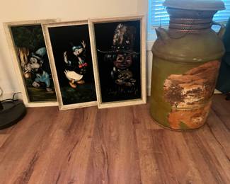Milk can, velvet paintings