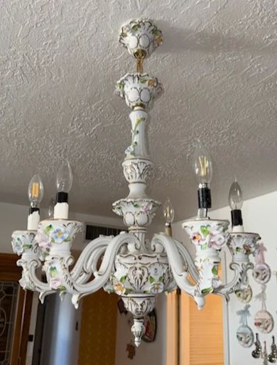 Vintage Italian Capodimonte porcelain chandelier white with gold trim and colorful flowers