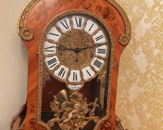 Louis XV revival style, German/French revival marquetry longcase Clock, reproduction, with "Tiffany" but not a true Tiffany antique