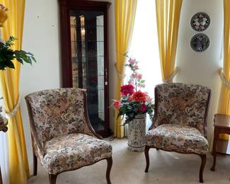 Pair of floral accent chairs-23x33 & corner display cabinet-25x70