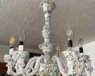 Vintage Italian Capodimonte porcelain chandelier white with gold trim and colorful flowers