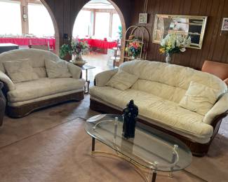 living room set- couch 80x35 love seat-55x35.  Glass coffee table-26x48x15