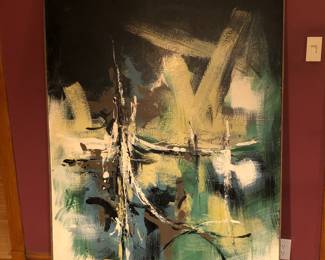 1960’s signed 66.5” x47” abstract expressionist oil on board with original wood frame