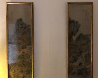 Set of 2 antique Chinese embroidery on silk wall panels