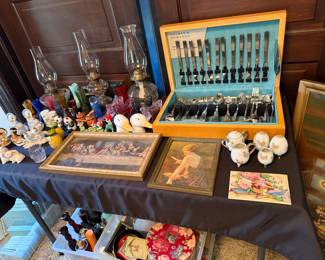 OIL LAMPS, SILVERWARE SET, VINTAGE PICTURES, VINTAGE SALT & PEPPERS AND MORE