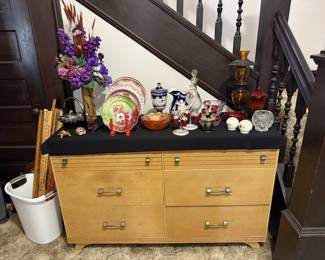 DRESSER, VINTAGE YARDSTICKS AND GLASSWARE