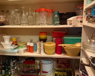 LOTS OF VINTAGE TUPPERWARE, TANG PITURES, POPCORN MAKERS, FOOD PROCESSOR, VINTAGE SODA BOTTLES AND MORE