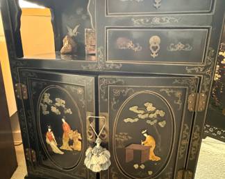 Vintage Asian Lacquer Cabinet with Hand-Painted Figures and Brass Hardware