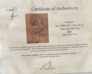 Jamali, Sumi Ink on Cork, 2001, ‘Hektor’ signed , certificate $3000