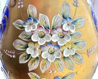 Close-Up of Hand-Painted Enamel Floral Design on Bohemian Gold Glass Decanter
