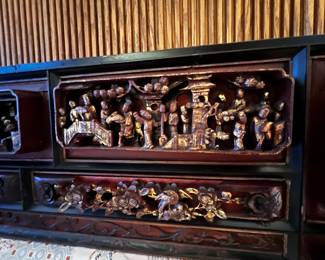 Detail of Carved Headboard Vintage Asian Q-size Bed