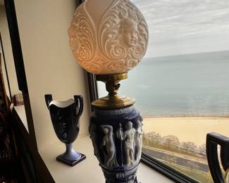 Italian Neoclassical Cobalt Blue Relief Lamp — Paul’s Italy, Classical Figures, Gilt Highlights, Mid-Century Ceramic Table Lamp $500