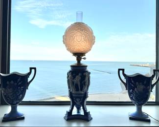 Italian Neoclassical Cobalt Blue Relief Lamp — Paul’s Italy, Classical Figures, Gilt Highlights, Mid-Century Ceramic Table Lamp $500