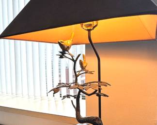 Elegant Asian-Inspired Table Lamp with Bronze Bird and Tree Design