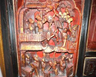 Detail of Carved Headboard Vintage Asian Q-size Bed