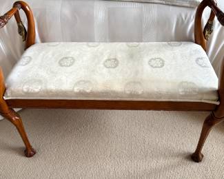Baker Furniture Mahogany Swan Arm Bench with Cream Damask Upholstery