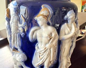 Italian Neoclassical Cobalt Blue Relief Lamp — Paul’s Italy, Classical Figures, Gilt Highlights, Mid-Century Ceramic Table Lamp $500