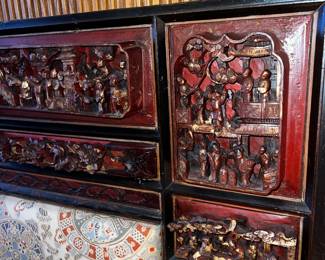 Detail of Carved Headboard Vintage Asian Q-size Bed