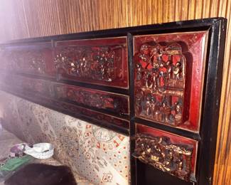 Detail of Carved Headboard Vintage Asian Q-size Bed
