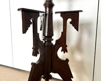 Antique Victorian Dark Wood Tripod Plant Stand with Ornate Carved Detailing