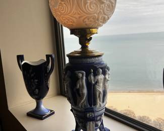 Italian Neoclassical Cobalt Blue Relief Lamp — Paul’s Italy, Classical Figures, Gilt Highlights, Mid-Century Ceramic Table Lamp $500