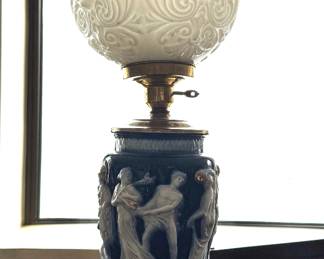 Italian Neoclassical Cobalt Blue Relief Lamp — Paul’s Italy, Classical Figures, Gilt Highlights, Mid-Century Ceramic Table Lamp $500