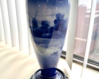 Antique Blue and White Porcelain Vase with Scenic Landscape on Carved Wood Stand