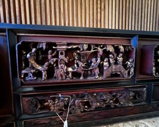 Detail of Carved Headboard Vintage Asian Q-size Bed