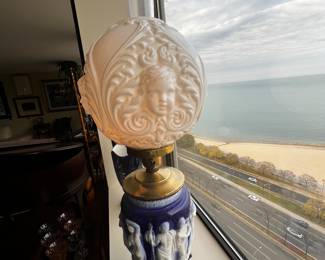 Italian Neoclassical Cobalt Blue Relief Lamp — Paul’s Italy, Classical Figures, Gilt Highlights, Mid-Century Ceramic Table Lamp $500