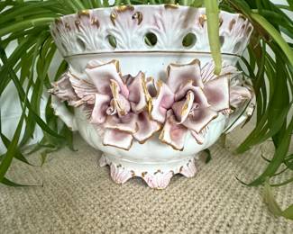 Vintage Porcelain Cachepot with Pink and Gold Floral Relief Design