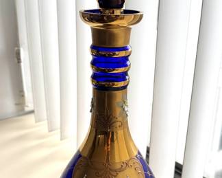 Antique Bohemian Cobalt Blue and Gold Glass Decanter with Hand-Painted Enamel Flowers
