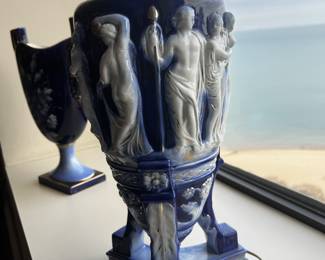 Italian Neoclassical Cobalt Blue Relief Lamp — Paul’s Italy, Classical Figures, Gilt Highlights, Mid-Century Ceramic Table Lamp $500
