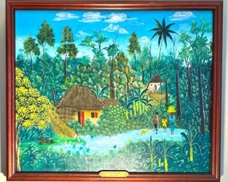 Vintage Haitian Folk Art Painting by Raymond – Tropical Village Scene, 1980 | $1500