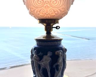 Italian Neoclassical Cobalt Blue Relief Lamp — Paul’s Italy, Classical Figures, Gilt Highlights, Mid-Century Ceramic Table Lamp $500