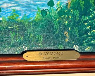 Artist Plaque ‘Raymond – Haiti 1980’ on Framed Haitian Folk Art Painting