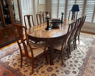 L12 - $600. Drexel Heritage Dynasty Collection Burled Walnut Dining Table With 8 Chairs (2 captains / 6 regular). Table Measures 66" x 45" x 29" tall. Includes 2 Leaves - Each Measures 22". Chairs Measure 22" x 19" x 42" tall. Overall very good condition. Some minor surface scratches and one leg has a piece of veneer missing that you have to really look to find. One captains chair has stained upholstery - might clean out? The others all look great.