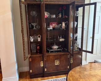 L13 - $250. Drexel Heritage Dynasty Collection China Cabinet in Burled Walnut. Measures 60" x 16" x 79" tall. Moves in ONE piece! Cabinet it lighted and glass shelves are all adjustable. Excellent Condition!