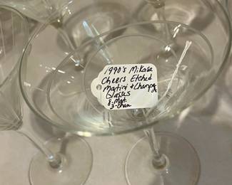 K17 - $45. 1990's Mikasa Cheers Etches Martini and Champagne. 11 pieces