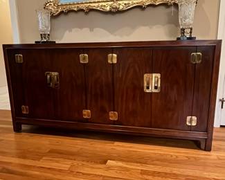 L14 - $500. Drexel Heritage Dynasty Collection Burled Walnut Buffet. Measures 68" x 19" x 32.25" tall. Left side opens to single adjustable shelf. Right side has 2 drawers on the top, 1 for flatware, and storage on the bottom. Overall excellent condition!