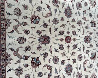 L55 - $400.  "Karachi Keshan" Wool Area Rug from Pakistan. Does have sun fading around the edges - not under the table but all edges. Measures 9'2" x 12'7". Purchased for $5300. 
